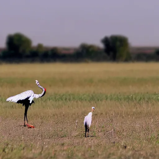 Image similar to secretary bird fighting an ostrich, in a cotton candy field