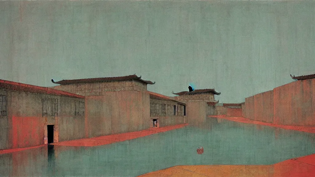 Image similar to a chinese prison near a river by peter doig, muted colors