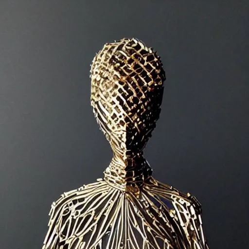Prompt: a woman made completely of plated metal