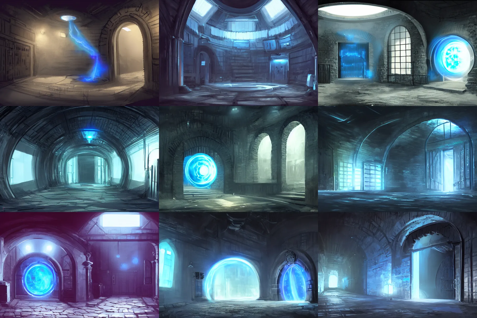 Prompt: huge dark warehouse, in the middle of the room steps leading to circular gate, blue glowing time portal contained within the gate, concept art, artstation