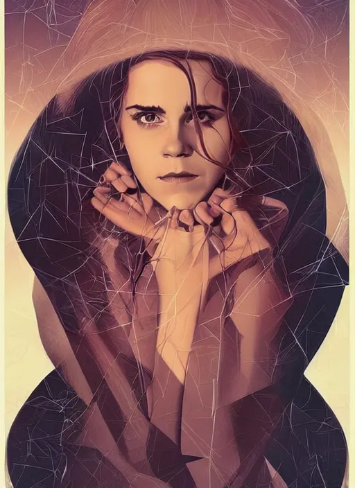 Image similar to poster artwork by Michael Whelan and Tomer Hanuka, Karol Bak of Emma Watson nun, repressing her feelings for her secret love from scene from Twin Peaks, clean