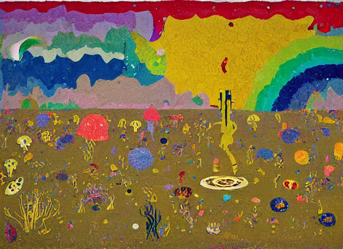 Prompt: pixel decollage painting golden armor alien zombie horseman riding on a crystal bone dragon broken rainbow diamond maggot horse in a blossoming meadow full of colorful mushrooms and golden foil toad blobs in a golden sunset, distant forest horizon, painted by Mark Rothko, Helen Frankenthaler, Danny Fox and Hilma af Klint, pixelated, neo expressionism, semi naive, rich deep colors, cinematic, color field painting, cave painting, voxel, pop art look, outsider art, minimalistic. Barnett Newman painting, part by Philip Guston and Frank Stella art by Adrian Ghenie, 8k, extreme detail, intricate detail, masterpiece