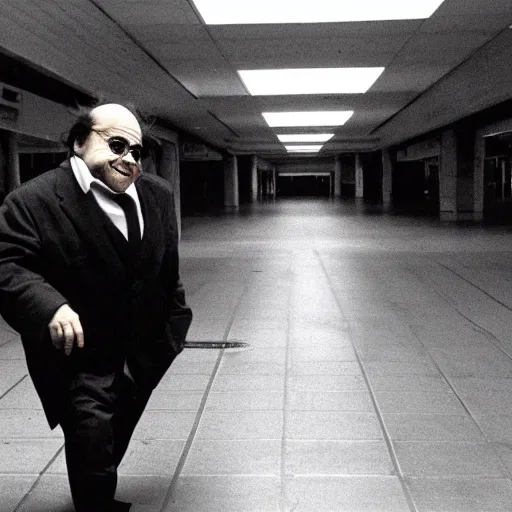 Image similar to A creepy photo of Danny Devito chasing you in an abandoned shopping mall, disposable film