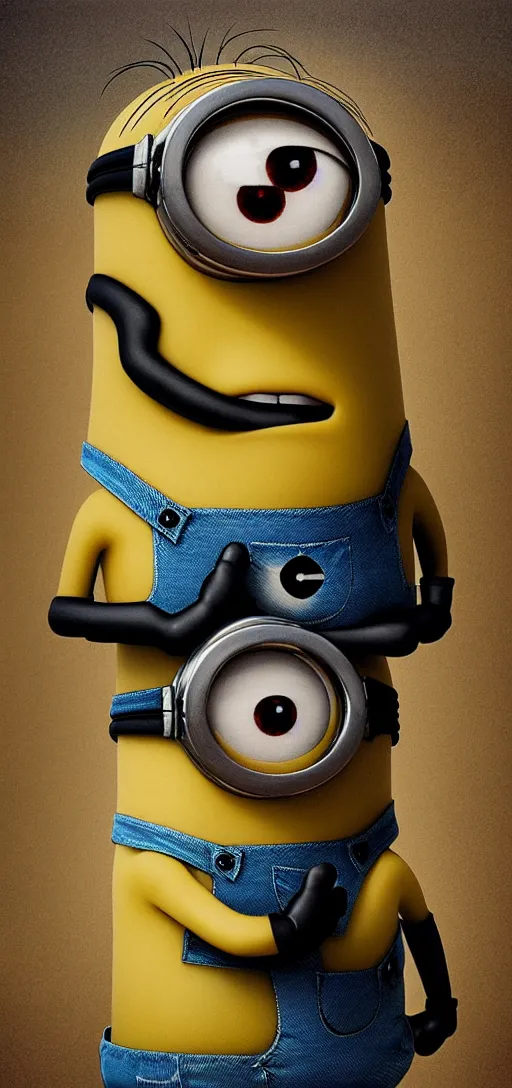 Prompt: a minion, bazinski style painting, hyperrealistic, horror, creepy