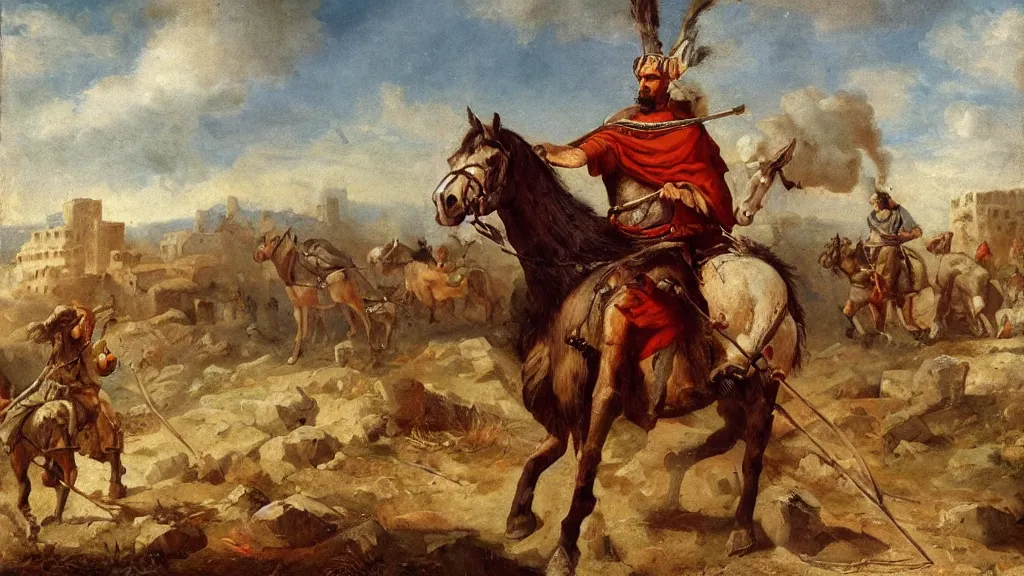 Prompt: nomadic early medieval hunnic khan on horseback surrounded by fires and rubble of roman buildings and mostly destroyed roman buildings, oil painting, cinematic, late antiquity, roman