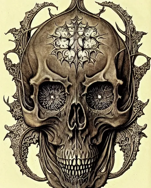 Image similar to memento mori by arthur rackham, art forms of nature by ernst haeckel, exquisitely detailed, art nouveau, gothic, ornately carved beautiful skull dominant, intricately carved antique bone, art nouveau botanicals, ornamental bone carvings, art forms of nature by ernst haeckel, horizontal symmetry, arthur rackham, ernst haeckel, symbolist, visionary