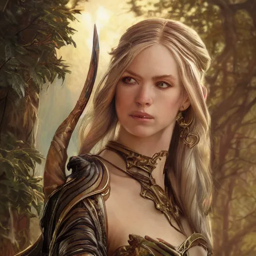 Image similar to Elven Huntress, detailed, centered, digital painting, artstation, concept art, donato giancola, Joseph Christian Leyendecker, WLOP, Boris Vallejo, Breathtaking, 8k resolution, extremely detailed, beautiful, establishing shot, artistic, hyperrealistic, beautiful face, octane render, cinematic lighting, dramatic lighting, masterpiece