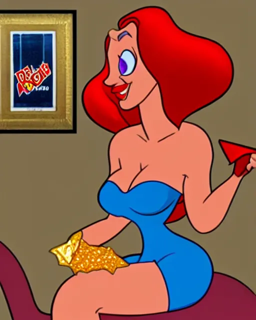 Image similar to Jessica Rabbit eating a bag of Doritos, sitting on a chair, Who Framed Roger Rabbit 2D animation still