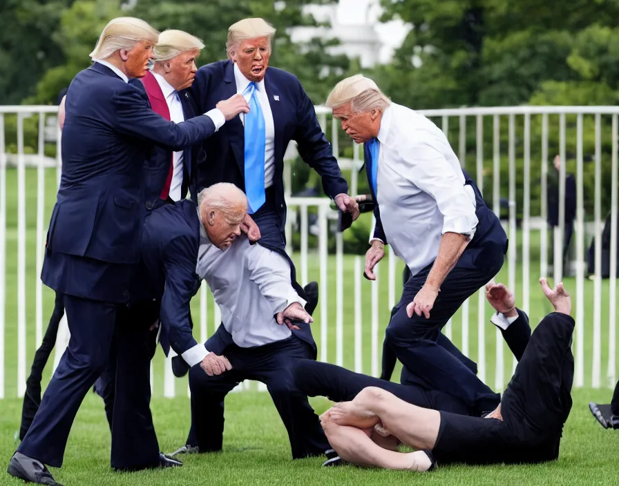 Prompt: joe biden losing an altercation with trump on the white house lawn in front of the white house, boxing, wwe, wwf