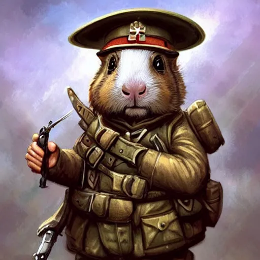 Image similar to cute little anthropomorphic Guinea Pig ww1 soldier, tiny, small, short, military outfit, cute and adorable, pretty, beautiful, DnD character art portrait, matte fantasy painting, DeviantArt Artstation, by Jason Felix by Steve Argyle by Tyler Jacobson by Peter Mohrbacher, cinema