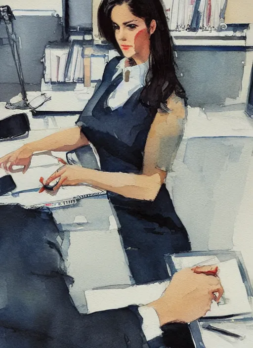 Image similar to concept art of a modern office life, young business woman, pinterest, artstation trending, behance, watercolor, by coby whitmore, silver, laser light,