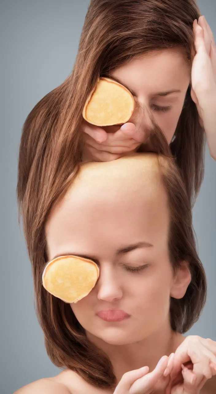 Prompt: a photo of a woman with a pancake on hear head, ultra high detail, 8 k.