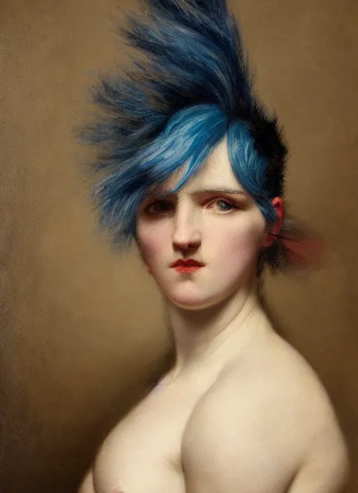 Prompt: a detailed portrait of old woamn with a extravagant mohawk by edouard bisson, blue hair, punk rock, oil painting, muted colours, soft lighting