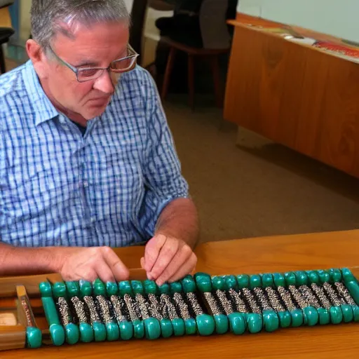 Image similar to Mike tysen sitting at a table using an abacus to count