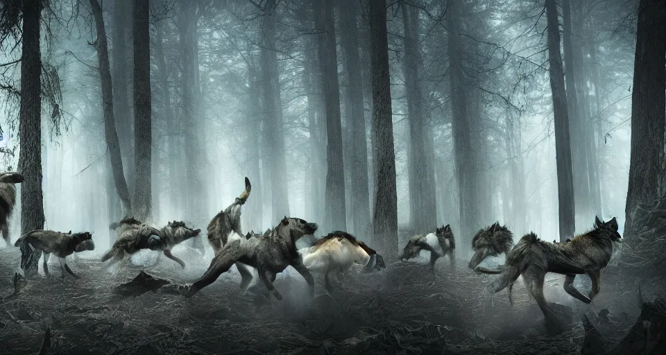 Image similar to an epic action concept masterpiece of a rabid wolfpack, in a forest made of nightmares, inspired by sd ai. horrific digital art, extremely moody lighting