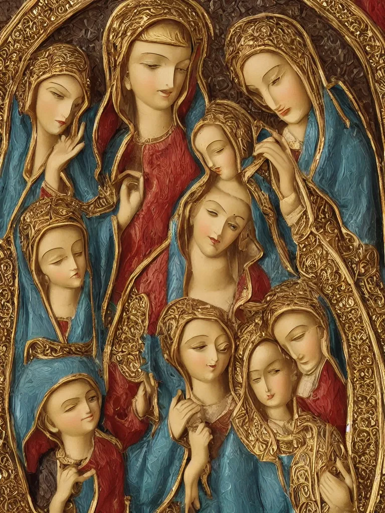 Image similar to an ornate painting of the Holy Family, art deco, intricate, filigree