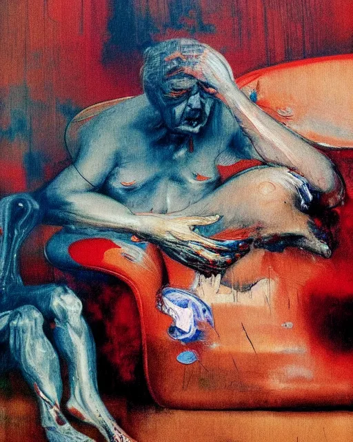 Prompt: thick flowing expressive acrylic painting of an old dead figure sitting on a couch in an old apartment watching the dog chase away the mail man,  Beksinski painting, part by Francisco Goya and Gerhard Richter. art by James Jean, Francis Bacon masterpiece