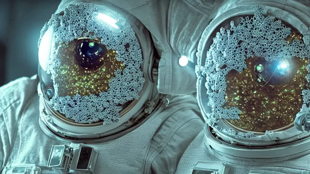 Image similar to a single astronaut eva suit made of diamond 3d fractal lace iridescent bubble 3d skin and covered with insectoid compound eye camera lenses floats through the living room, film still from the movie directed by Denis Villeneuve with art direction by Salvador Dalí, wide lens,