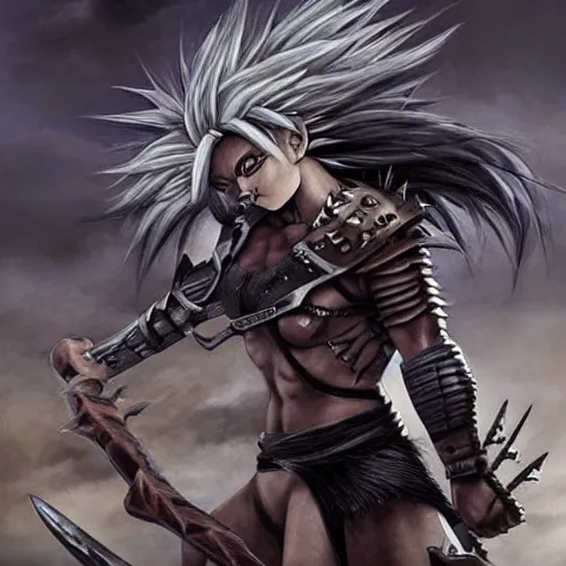 Image similar to realistic art style, warrior girl, muscular girl, wild spiky black saiyan hair, long spiky hair, electrified hair, holding scimitar made of bone, scimitar, sword, jagged sword, curved sword, orkish sword, colorized, gray skin, hyper - detailed, primeval fantasy, prehistoric fantasy, art by jacques - louis david