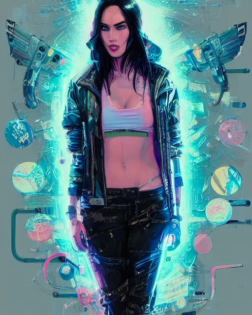 Image similar to detailed portrait Megan Fox Neon Operator Girl, cyberpunk futuristic neon, reflective puffy coat, decorated with traditional Japanese ornaments by Ismail inceoglu dragan bibin hans thoma greg rutkowski Alexandros Pyromallis Nekro Rene Maritte Illustrated, Perfect face, fine details, realistic shaded, fine-face, pretty face