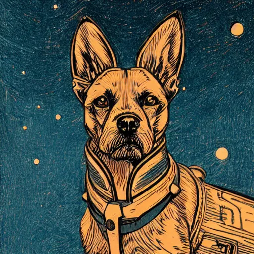 Prompt: Woodcut portrait of a beautiful cute dog with robot ears by falling into the stars greg rutkowski, 4k, intricate details