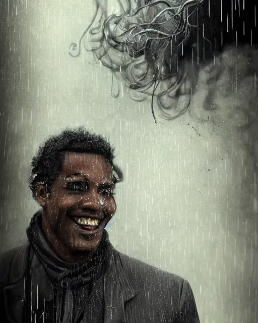 Image similar to a highly detailed portrait of black man smiling in the rain in a back tuxedo, wispy tendrils of smoke, intricate, digital painting, old english, raining, sepia, particles floating, whimsical background by marc simonetti, artwork by liam wong