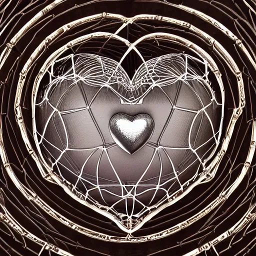 Prompt: complex 3d render ultra-detailed of a leather basketball in the shape of a heart, sacred heart with net around it like thorns, 150 mm, beautiful natural soft light, rim light, silver gold details, maze like, mesh wire, intricate details, hyperrealistic, ultra detailed, mandelbrot fractal, anatomical, white metal neocubism armor, elegant, octane render, H.R. Giger style, 8k