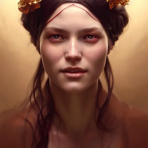 Image similar to portrait painting of woman blindfolded, smiling, ultra realistic, concept art, intricate details, eerie, highly detailed, photorealistic, octane render, 8 k, unreal engine. art by artgerm and greg rutkowski and charlie bowater and magali villeneuve and alphonse mucha