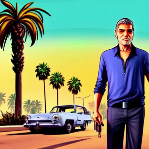 Image similar to george clooney in gta v. los santos in background, palm trees in the art style of stephen bliss