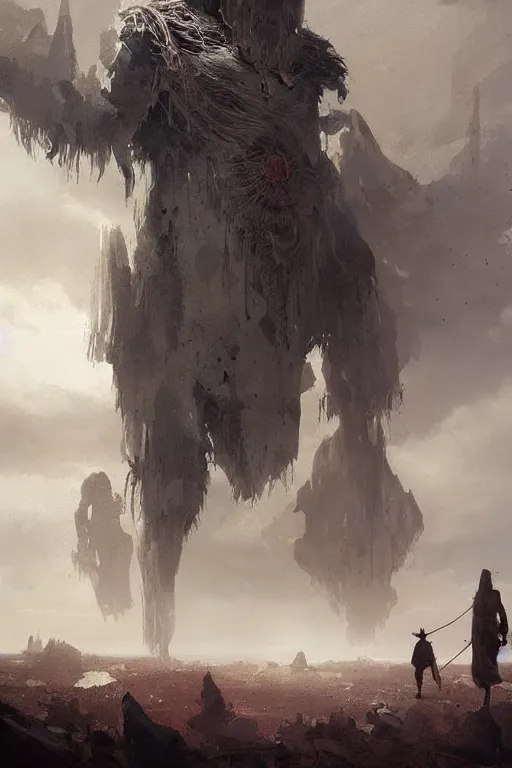 Prompt: a giant humanoid deity looms over a tiny human. ethereal fantasy art by greg rutkowski