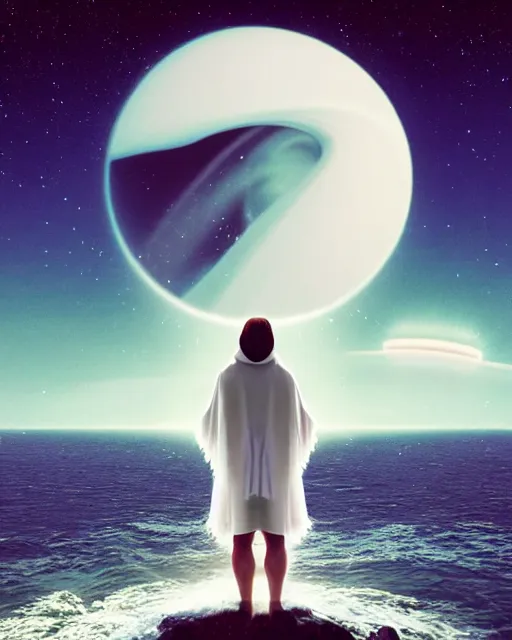 Image similar to a person wearing a white cloak that's blowing in the wind. they are standing in the water. a large planet with rings is visible in the sky. an album cover by stanley twardowicz, trending on cg society, retrofuturism, retrowave, chillwave, synthwave