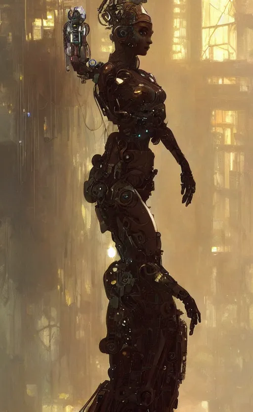 Image similar to a beautiful painting of a crowned robotic cyberpunk princess in a flowing gown, intricate, elegant, highly detailed, digital painting, artstation, concept art, by krenz cushart and artem demura and william adolph bouguereau and alphonse mucha