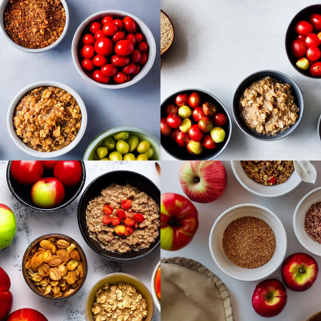 Prompt: Three bowls on a table are filled with apples, tomatoes and oatmeal.