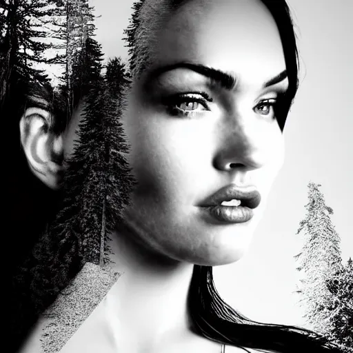 Image similar to double - exposure effect of megan fox face blended in beautiful mountains, in the style of dan mountford, amazing detail, black and white