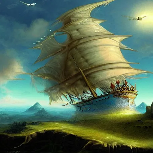 Image similar to ( magic skyship ) flying over ( fantasy landscape ), highly detailed, beautiful