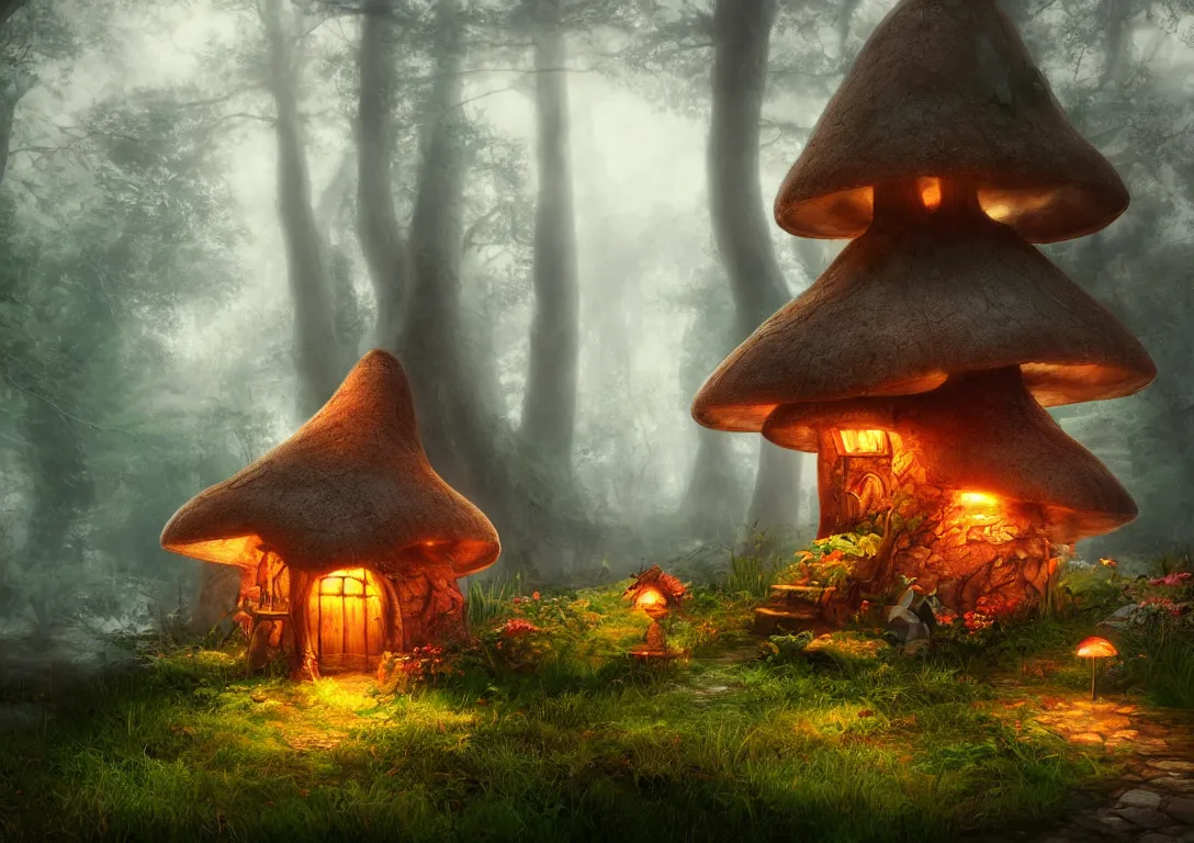 Prompt: fantasy mushroom cottage, in fairy tale forest, foggy atmosphere, volumetric lighting, fantasy artwork, very beautiful scenery, very realistic painting effect, hd, hdr, unreal engine 5, cinematic 4k wallpaper, 8k, ultra detailed, high resolution, artstation