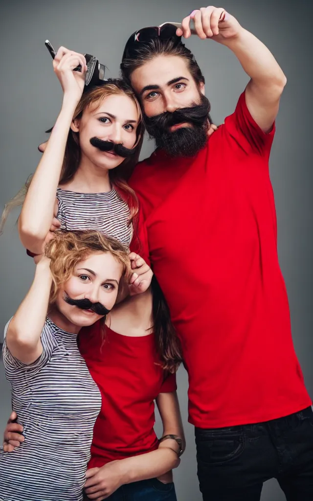 Prompt: A guy in a red t-shirt with a mustache and beard smiles in a selfie. Behind is a girl in a striped T-shirt. photo realistic 4k hd