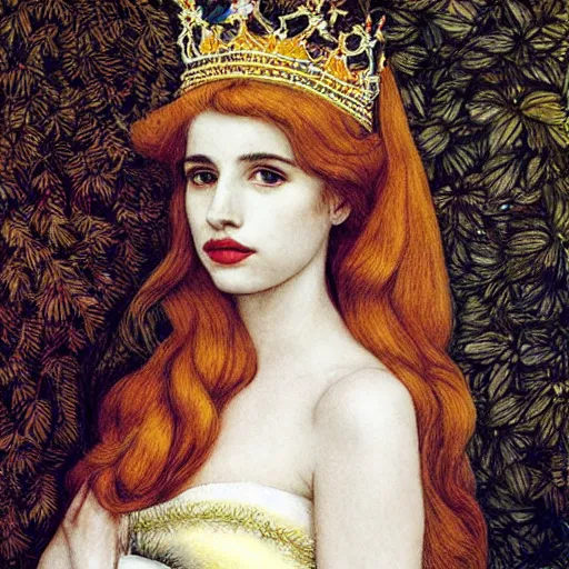 Prompt: emma roberts as a queen of feathers by rosetti and alan lee