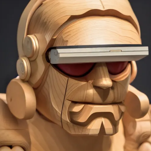 Prompt: wooden sculpture of cyborg viking wearing a vr headset, polished maple, thoughtful, elegant, real