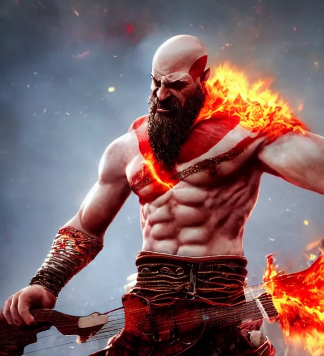 Prompt: raging kratos shredding on a flaming stratocaster guitar, cinematic render, god of war 2 0 1 8, santa monica studio official media, lightning, stripe over eye