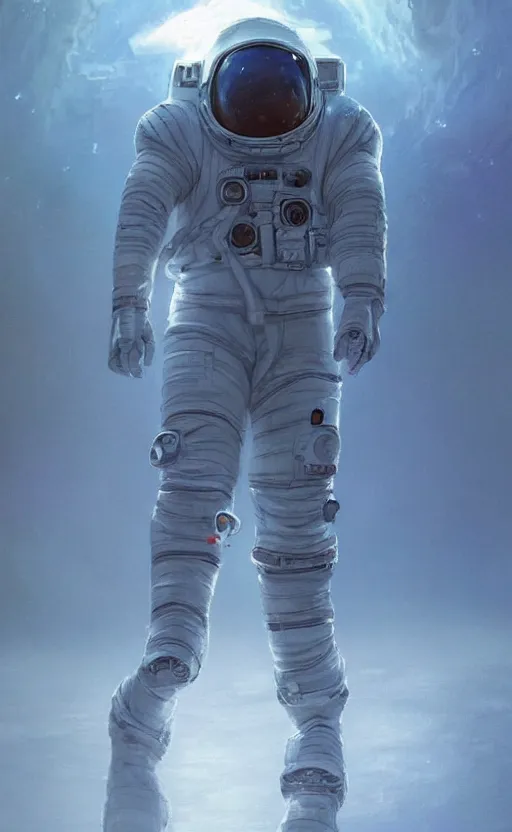 Prompt: a beautiful artwork illustration, concept art sketch of an astronaut in white futuristic cybernetic armor walking on the surface of the moon, drone shot, volumetric fog, godrays, extreme contrast, vibrant colors, vivid colors, high saturation, by Greg Rutkowski and Jesper Ejsing and Raymond Swanland and alena aenami, featured on artstation, wide angle, vertical orientation