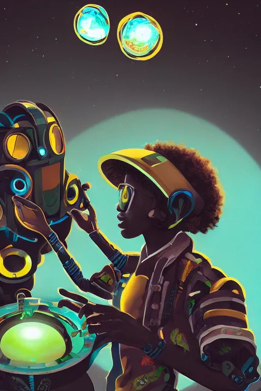 Image similar to a black kid fixing his futuristic robot in the nature, mixing solarpunk, afropunk ( ( ( ( volumetric light ) ) ) ), high angle, part by pearl fryar, part by prince damah, sunny day, trending on artstation, cinematic view, illustration, painting, realisticr