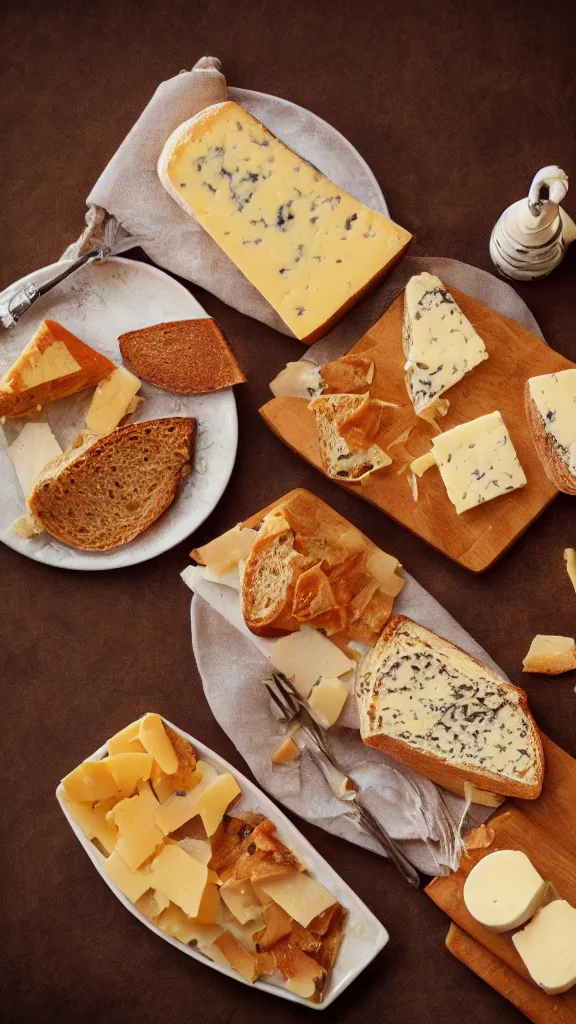 Prompt: 7 0 s food photography of an opulent spread of cheese on toast, on a velvet table cloth, soft focus