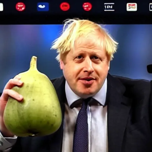 Image similar to a photo of boris johnson on tv showing everyone the turnip he found