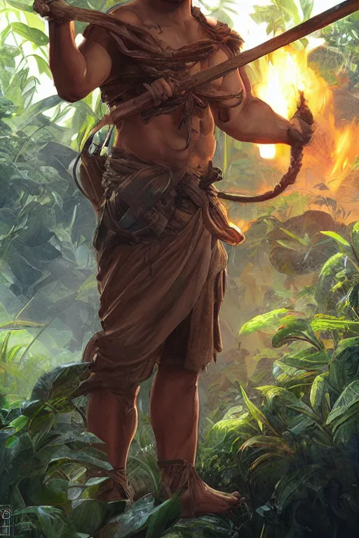 Prompt: full character concept art, doug marcaida holding a kampilan, dense jungle, forge, fire and sparks, it wil keel!!, detailed, high quality, dynamic lighting, dark fantasy. artwork by artgerm, wlop, alex ross, greg rutknowski, alphonse mucha