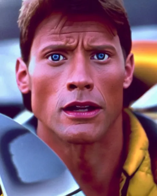 Image similar to film still close up shot of dwayne johnson as marty mcfly from the movie back to the future. photographic, photography