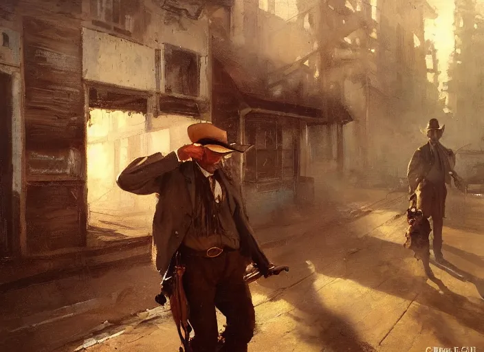 Image similar to oil painting of old rugged cowboy in wild west street, shooting revolver, shoot gun, gun smoke, art by anders zorn, wonderful masterpiece by greg rutkowski, beautiful cinematic light, american romanticism by greg manchess, reflections in copper, sunlight, dust and steam