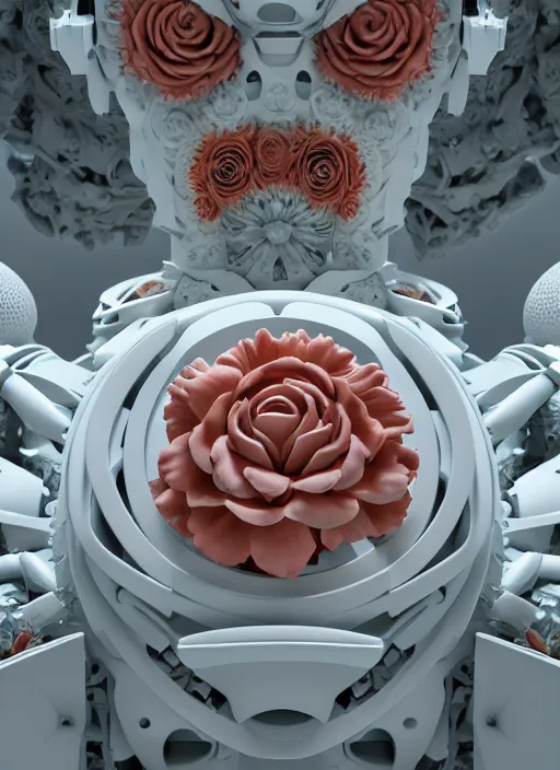 Image similar to biomechanical white yoga room made of corals, daisies, roses, well contoured smooth fair walls with marble statue, up close shot, sharp focus, global illumination, radiant light, alexandre ferra white mecha, irakli nadar, octane highly render, 4 k, ultra hd,