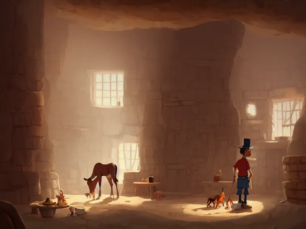 Image similar to Goro Fujita illustrating a mule standing in a beautiful rustic tavern, art by Goro Fujita, sharp focus, highly detailed, ArtStation