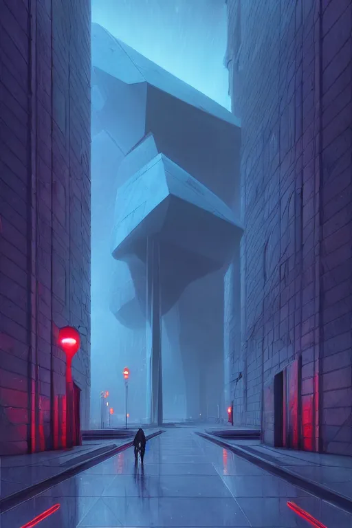 Image similar to emissary futuristic downtown with red street lamps, windows lit, marble, by tim blandin and arthur haas and bruce pennington and john schoenherr, cinematic matte painting, zaha hadid building, photo realism, dark moody color palate, blue hour stars, desolate glacial landscape,